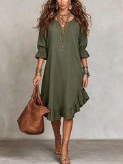 Ruffle Hem Linen Midi Dress