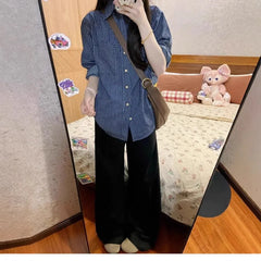 Blue Striped Patchwork Long Sleeve Loose Shirt