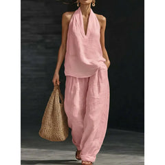 Solid Halter Neck Sleeveless Top & Wide Leg Pants Two-Piece Set