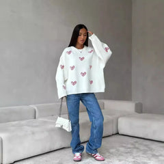 Cozy Heart Embroidered Oversized Sweater, White Round Neck Long Sleeve Casual Autumn Top