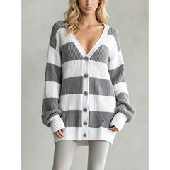 Navy White Wide Stripe Oversized Knit Cardigan V Neck Button Front Long Sleeve Loose Sweater Coat