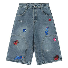 Cartoon Patch Embroidery Vintage Washed Cropped Jeans