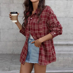 Wine Red Tartan Plaid Shirt, Oversized Longline Button Front Casual Blouse