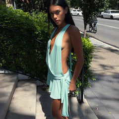Backless Deep V-Neck Halter Tie Side Mini Dress