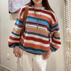 Crew Neck Rainbow Stripe Knit Pullover Sweater