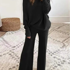 Waffle Knit Off Shoulder Oversized Top Wide Leg Pants Loungewear Set