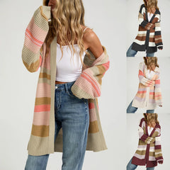 Multi Color Striped Long Open Knit Cardigan Long Sleeve Thumbhole Casual Sweater Coat