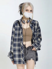 Loose Fit Navy Tartan Plaid Shirt, Oversized Longline Casual Streetwear Blouse
