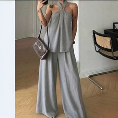 Linen Halter Top Wide Leg Pants Matching Two Piece Set