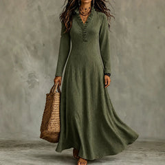 Olive Green Ruffled V-Neck Long Sleeve Flowy Maxi Dress