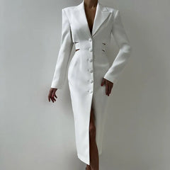 Sleek White Cutout Blazer Midi Dress with Button Front