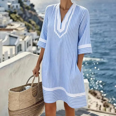 Vertical Striped V Neck Midi Dress