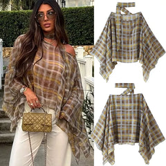 Boho Tartan Sheer Oversized Shirt, Cold Shoulder Batwing Long Sleeve Loose Plaid Blouse for Daily Outfit