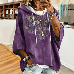 Vintage Floral 3D Print Hooded Seven‑Quarter Sleeve Sweatshirt