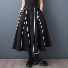 Elastic Waist Striped A-Line Midi Skirt