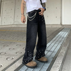 Men Mid‑Waist Pearl Decor Straight Leg Jeans