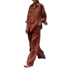 Linen Blend 2-Piece Outfit, Long Sleeve Button-Down Shirt and Wide Leg Pants Set
