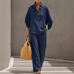 Solid Color Casual Two-Piece Shirt & Pants Set
