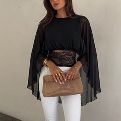 Black Chiffon Cape Sleeve Top | Lace Waist Cutout Cropped Blouse