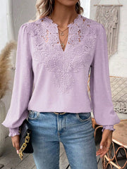 Lace V Neck Puff Sleeve Blouse