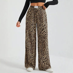 High Waist Leopard Print Straight Wide Leg Pants