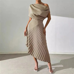 Asymmetric Satin Pleated Midi Dress
