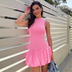 Ribbed Stand-Up Collar Bubble Hem Sleeveless Mini Dress