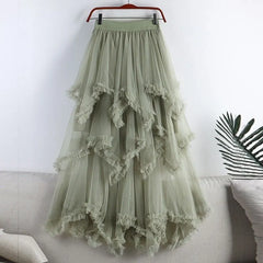 Asymmetrical Ruffle Tulle Maxi Skirt