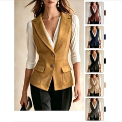 Black Fitted Blazer Vest, Sleeveless Notched Lapel Button Waistcoat for Office & Daily