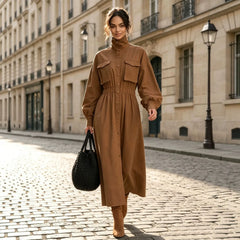 Ladies High Neck Button Down Midi Dress Long Sleeve Chest Pockets Cinched Waist Brown Autumn Dress