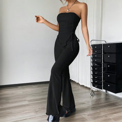 Strapless Ruched Drawstring Crop Top & Flare Pants Two Piece Set