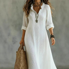 Solid Color Embroidered V-Neck Lantern Sleeve Loose Maxi Dress
