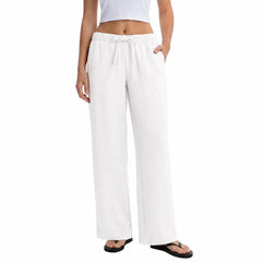 Drawstring Elastic Waist Wide Leg Casual Long Pants Solid Color Loose Trousers