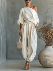 One-Shoulder Blouse & High-Waisted Harem Pants Set