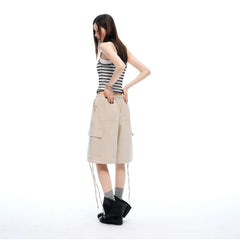 High Waist Drawstring Cargo Straight Cropped Casual Shorts