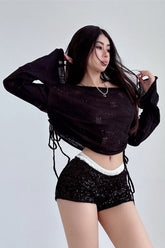 Hollow Long Sleeve Strappy Crop Top Tee