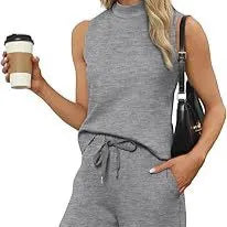 Sleeveless Mock Neck Top & Wide Leg Pants Casual Two-Piece Set