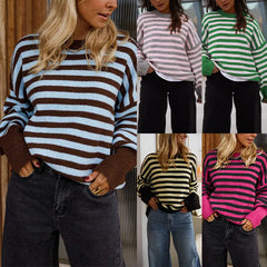 Bold Striped Loose Knit Jumper Crew Neck Drop Shoulder Casual Long Sleeve Sweater