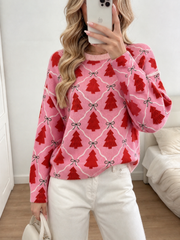 Pink Christmas Tree Bow Print Pullover Sweater