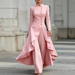 White Stand Collar Long Sleeve Gold Button Skirted Pant Suit