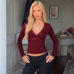 Lace Detail V-Neck Wrap Crop Top, Long Sleeve Slim Fitted Wine Red Going Out Top