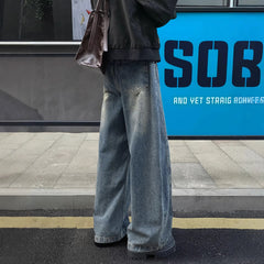 Men Mid Waist Vintage Washed Wide Leg Jeans