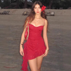 Glitter Ruched Ruffle Hem Spaghetti Strap Mini Dress