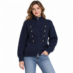 Stand Collar Zip Up Knit Cardigan, Double Breasted Decorative Button Sweater Jacket