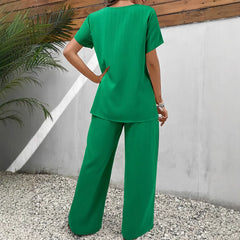 Ribbed Knit Asymmetrical Hem Top and Wide Leg Pants 2 Piece Set