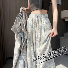 Vintage Floral Print Drawstring High Waist Micro Stretch Wide Leg Long Pants