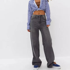 High Waist Stone Washed Grey Slight Stretch Wide Leg Denim Long Jeans