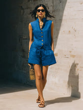 Blue Stand-Collar Sleeveless Vest & High-Waisted Shorts Two-Piece Set