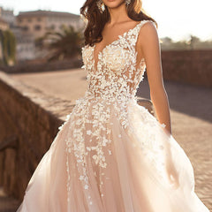 V-Neck 3D Floral Lace Wedding Dress, Sleeveless A-Line Tulle Bridal Gown