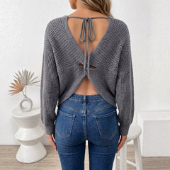 Trendy Back Cutout Tie Knit Pullover Long Sleeve Cropped Statement Sweater for Women